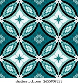 Nahtloses Pixel Art Pattern mit Teal und Weiß Blumen- und Diamantmotiven in kreisförmigen Rahmen - Traditionelles ethnisches Textildesign für Gewebe, Kreuzstich, Kunsthandwerk und dekorative digitale Projekte