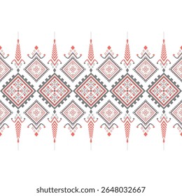 Seamless pixel art pattern with traditional motifs in coral and beige tones. Perfect for fabric, textile, or digital backgrounds.