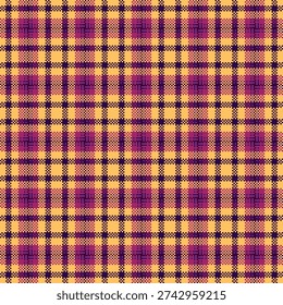 Seamless pixel art plaid pattern in vibrant yellow and purple. A digital tartan background ideal for retro gaming projects, modern textile design, and creative web wallpaper assets.