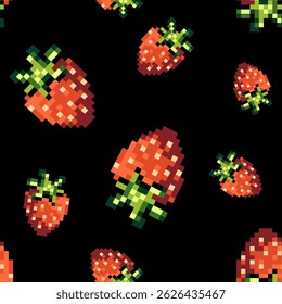 Seamless Pixel Art Strawberry Pattern on Black Background. pixelated strawberries in 8 bit retro style, fabric prints, digital wallpapers, game design, wrapping paper, print design.Vector illustration
