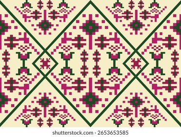 Seamless pixel art textile pattern features symmetrical floral and geometric motifs in pink and green on a beige base, enclosed within diamond grids, reflecting cultural elegance and balance.