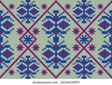 seamless pixel art textile pattern features symmetrical floral and geometric motifs in blue and purple on a light green base, enclosed within diamond grids, reflecting cultural elegance and balance.