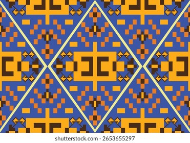 seamless pixel art textile pattern features symmetrical floral and geometric motifs in yellow and brown on a blue base, enclosed within diamond grids, reflecting cultural elegance and balance.