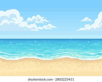 Seamless Pixel Art Tropical Beach Vector Background with Ocean and Clouds