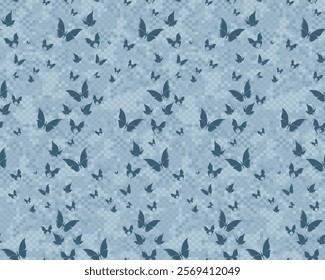 Seamless pixel background with blue butterflies.