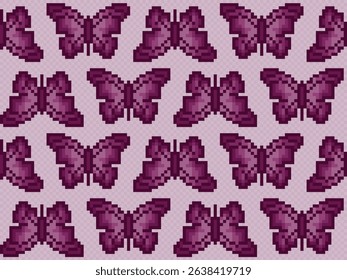 Seamless pixel background with purples butterflies. 
