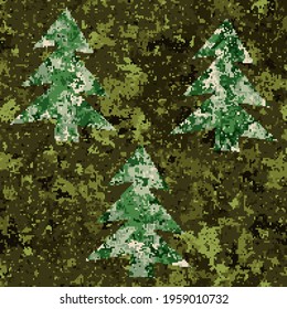 Seamless pixel camouflage pattern with symbolic Christmas trees. Green shades. Editable.