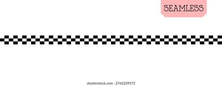 Seamless pixel checkered border pattern in retro 8 bit black and white style