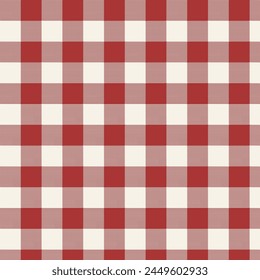 Seamless pixel and checkered patterns in red and beige for textile design. Gingham pattern with square-shaped graphic background for a fabric print. Vector illustration.