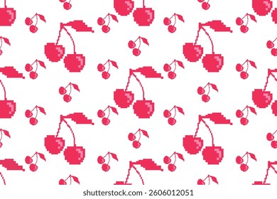Seamless pixel cherry pattern, red, for printing carpets, fabrics and decoration.