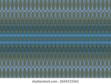 seamless pixel fabric design features symmetric floral motifs in light blue and blue over an olive green background, arranged in horizontal bands that echo traditional weaving aesthetics.