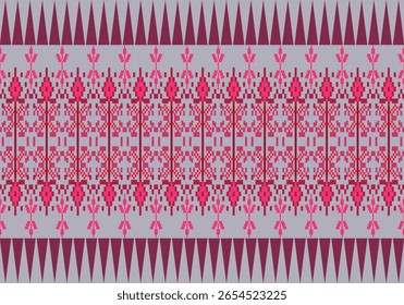 Seamless pixel fabric pattern combines red tones and grey background in a symmetrical, ornate layout. The visual rhythm and ornamental shapes reflect a vibrant cultural and artistic heritage.