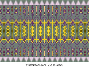 Seamless pixel fabric pattern combines yellow, purple, and green in a symmetrical, ornate layout. The visual rhythm and ornamental shapes reflect a vibrant cultural and artistic heritage.