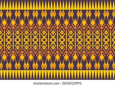Seamless pixel fabric pattern combines yellow tones and deep purple background in symmetrical, ornate layout. The visual rhythm and ornamental shapes reflect a vibrant cultural and artistic heritage.