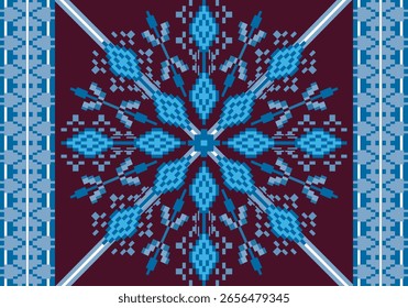 padrão de tela de pixel sem costura motivo starburst com simetria afiada elementos florais tons de azul claro . O design combina tradição e precisão digital em um arranjo geométrico vibrante. 