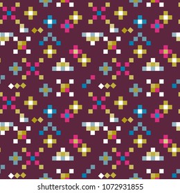 Seamless pixel floral pattern. Pixel art. Trendy texture for design fashion print, fabric, wrapping, wallpaper. Vintage style.