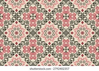 Seamless pixel folk floral pattern in dusty pink, ivory and gray tones. Ideal for textile printing, fabric, wallpaper, wrapping paper and surface design. Hand drawn artwork, not AI generated.