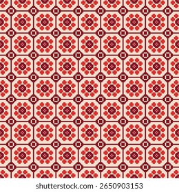 Motif harmonieux de pixel folk avec motifs de fleurs au point de croix rouge sur fond beige. Parfait pour motif textile, broderie, motif géométrique, motif tissu, papier d'emballage et artisanat rétro.