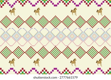 Seamless Pixel Geometric Horse Pattern Ethnic Folk Style Background Retro Checker Design for Fabric Wallpaper Textile Wrapping Paper