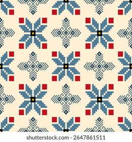 Seamless Pixel Geometric Pattern with Blue and Red Folk Art Motifs on Beige Background – Traditional Ethnic Embroidery Style Textile Design for Fabric, Crafts, Tapestry, Wallpaper, and Decorative 