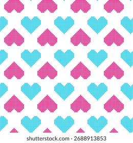 Padrão de pixel coração perfeito nos anos 80, 90 estilo retro com corações azuis e rosa. Fundo vetorial inspirado por jogos de vídeo nostálgicos, perfeito para projetos digitais, design têxtil e papel de embrulho