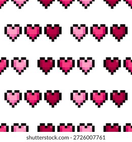 Seamless pixel heart pattern on white background. Retro 8-bit style hearts in pink shades. Cute repeating background for games, apps, wallpapers, textile prints and digital design.