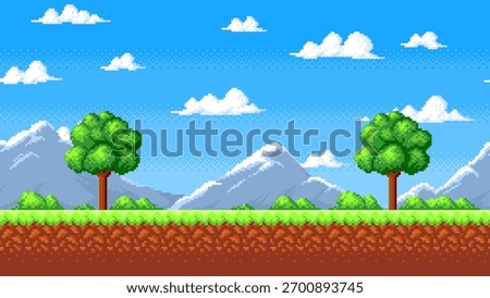 Seamless pixel landscape with trees, bush, mountains and clouds. Pixelated vector background with green grass and blue sky for 8 bit arcade games
