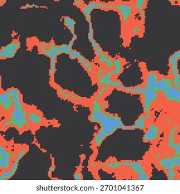 Padrão de vetor de lava de pixel sem costura inspirado em videogames retrô e estética de anime. O fogo líquido abstrato com texturas pontilhadas, ruidosas e grunge cria uma sensação nostálgica de 8 bits