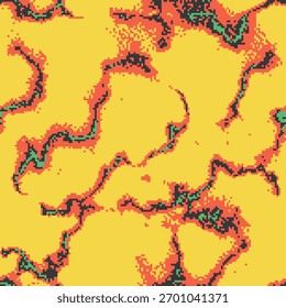 Padrão de vetor de lava de pixel sem costura inspirado em videogames retrô e estética de anime. O fogo líquido abstrato com texturas pontilhadas, ruidosas e grunge cria uma sensação nostálgica de 8 bits