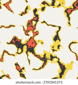 Padrão de vetor de lava de pixel sem costura inspirado em videogames retrô e estética de anime. O fogo líquido abstrato com texturas pontilhadas, ruidosas e grunge cria uma sensação nostálgica de 8 bits