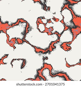 Padrão de vetor de lava de pixel sem costura inspirado em videogames retrô e estética de anime. O fogo líquido abstrato com texturas pontilhadas, ruidosas e grunge cria uma sensação nostálgica de 8 bits