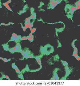 Padrão de vetor de lava de pixel sem costura inspirado em videogames retrô e estética de anime. O fogo líquido abstrato com texturas pontilhadas, ruidosas e grunge cria uma sensação nostálgica de 8 bits