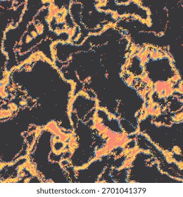 Padrão de vetor de lava de pixel sem costura inspirado em videogames retrô e estética de anime. O fogo líquido abstrato com texturas pontilhadas, ruidosas e grunge cria uma sensação nostálgica de 8 bits