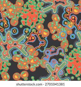 Padrão de vetor de lava de pixel sem costura inspirado em videogames retrô e estética de anime. O fogo líquido abstrato com texturas pontilhadas, ruidosas e grunge cria uma sensação nostálgica de 8 bits