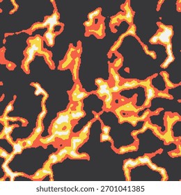 Padrão de vetor de lava de pixel sem costura inspirado em videogames retrô e estética de anime. O fogo líquido abstrato com texturas pontilhadas, ruidosas e grunge cria uma sensação nostálgica de 8 bits