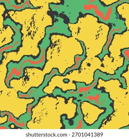 Padrão de vetor de lava de pixel sem costura inspirado em videogames retrô e estética de anime. O fogo líquido abstrato com texturas pontilhadas, ruidosas e grunge cria uma sensação nostálgica de 8 bits