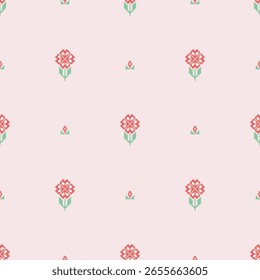 Padrão floral mínimo de pixel contínuo sobre fundo rosa.