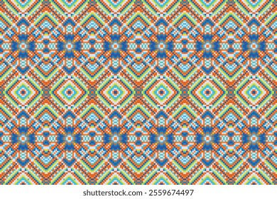 Seamless pixel pattern, art embroidery vector, colorful background, traditional style, abstract design