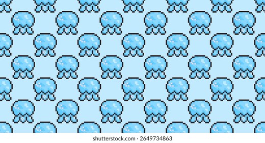 Seamless pixel pattern of cute blue jellyfish on a light background. Retro 8-bit marine theme perfect for summer, beach, or ocean-related designs, textiles, scrapbooking, and digital projects.
