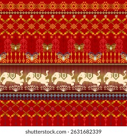 Seamless pixel pattern of elephants with traditional fabric designs. Perfect for backgrounds, digital printing, fashion and crafts.