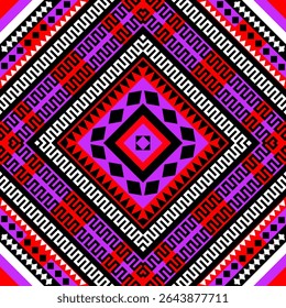 A seamless pixel pattern featuring a diamond-shaped tribal motif in vivid purple, red, pink, and black tones.