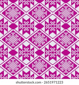 Seamless pixel pattern featuring geometric diamonds and folk motifs in pink and white. Inspired by ethnic cross-stitch textiles. Perfect for fabric prints,fashion,home decor, and digital backgrounds.
