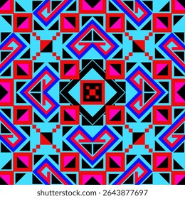 A seamless pixel pattern featuring layered triangles in turquoise, pink, purple, and red tones. The symmetrical layout evokes traditional tribal motifs with a bold geometric twist