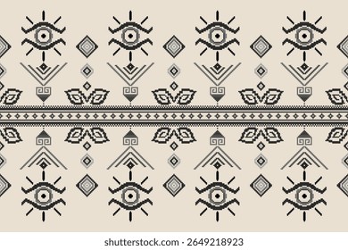 Seamless pixel pattern featuring mystical eye symbols, Greek motifs, and geometric leaves. Perfect for textile prints, boho fashion, and metaphysical product design.