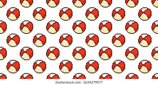 Seamless pixel pattern featuring retro beach balls in a repeating layout. Perfect for summer themes, nostalgic gaming vibes, textile prints, and digital backgrounds. 8-bit pixel style for retro charm.