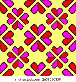 A seamless pixel pattern featuring symmetrical heart shapes in bright red and pink over a soft yellow background. This retro-inspired, kawaii-style design is perfect for Valentine’s Day