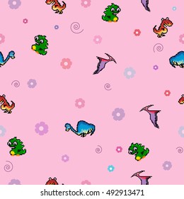Seamless pixel pattern with funny cartoon dinosaurs. Ideal for children room decoration, wrapping, cards, baby shower, banners, backgrounds.