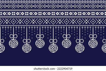 Seamless pixel pattern garland of Christmas tree balls and decorations. Winter holiday vector pattern