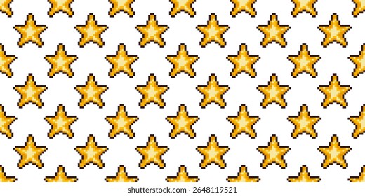 Padrão de pixel contínuo de estrelas douradas de cinco pontas em um fundo branco. Estilo retrô de 8 bits perfeito para o verão, jogos, embrulho de férias, artesanato infantil, papéis digitais e projetos nostálgicos.

