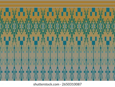 Seamless pixel pattern gradients green tones with symmetrical floral motifs. design blends traditional elegance with digital precision, woven-like patterns on dark-light colors gradients background.